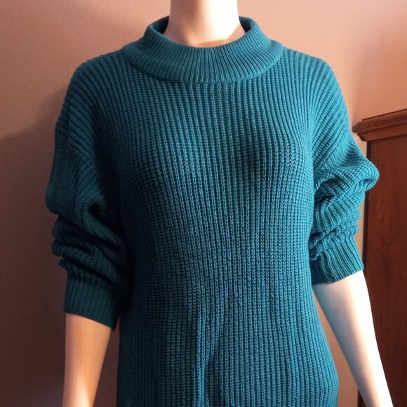 Vntg 80s Turquoise Emerald Green Chunky Knit Sweater Cozy Core Dopamine Dressing - Picture 3 of 10